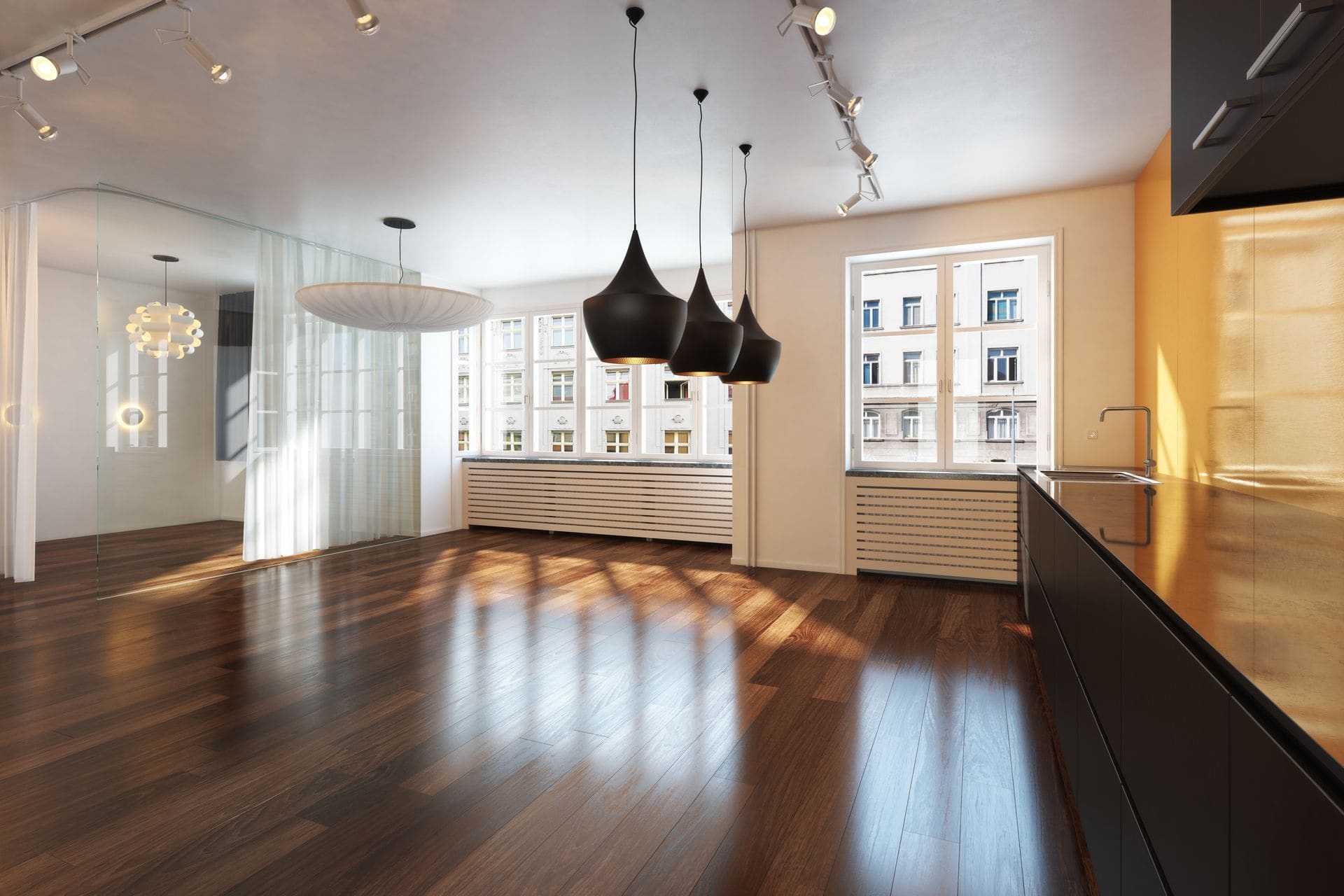 Modern open-plan office space with dark wood floors, black pendant lights, and floor-to-ceiling windows overlooking a city street